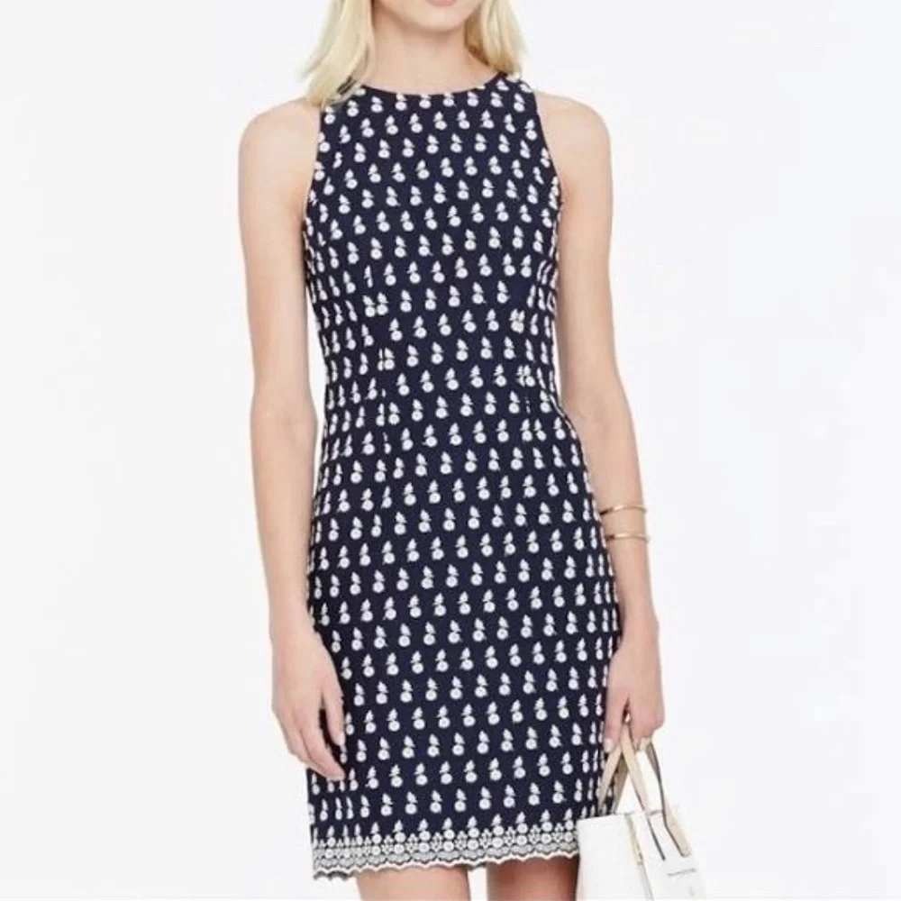Ann Taylor Navy Blue Floral Embroidered Sleeveless Sheath Dress Size 10